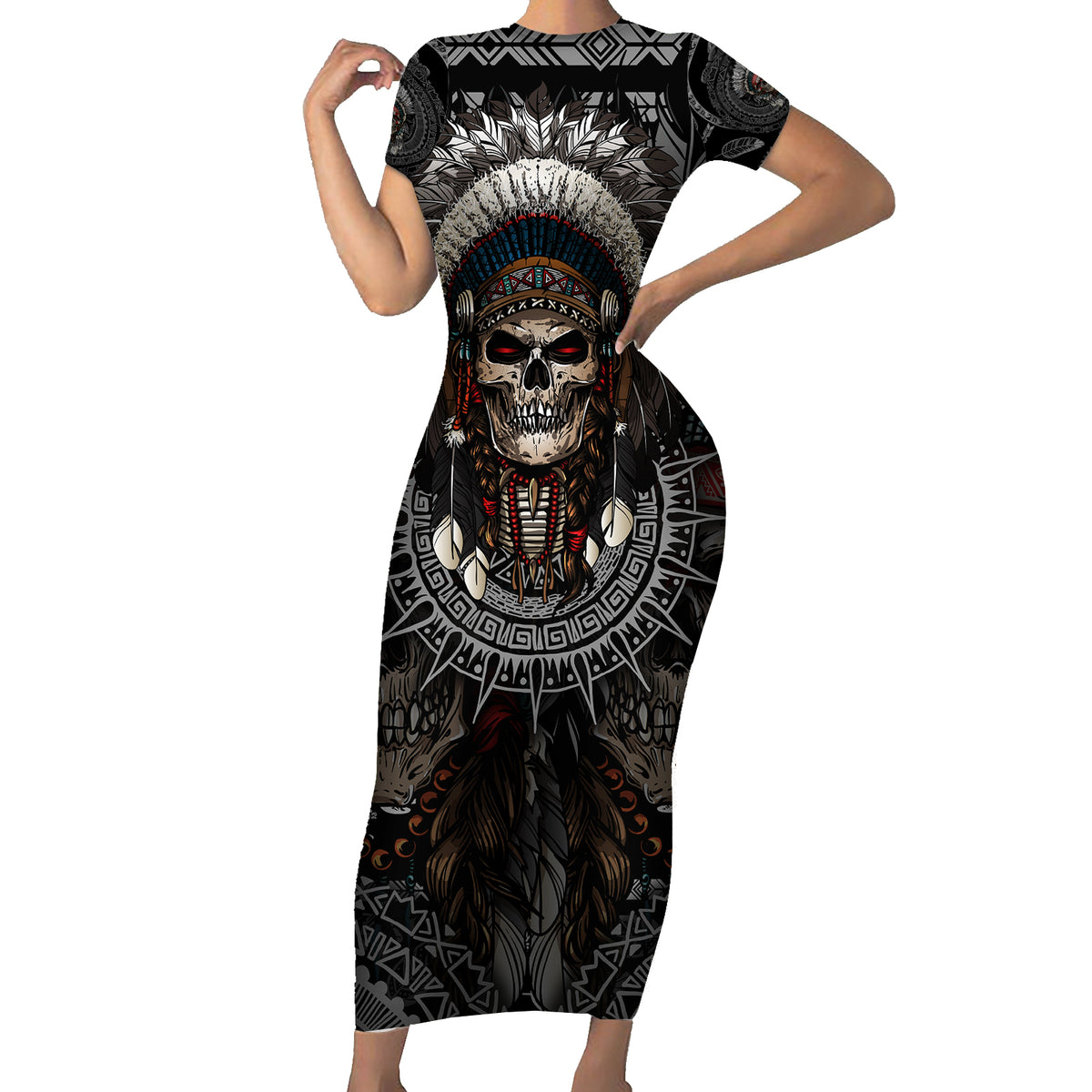 Skull Native American Warrior Family Matching Short Sleeve Bodycon Dress and Hawaiian Shirt - Wonder Print Shop