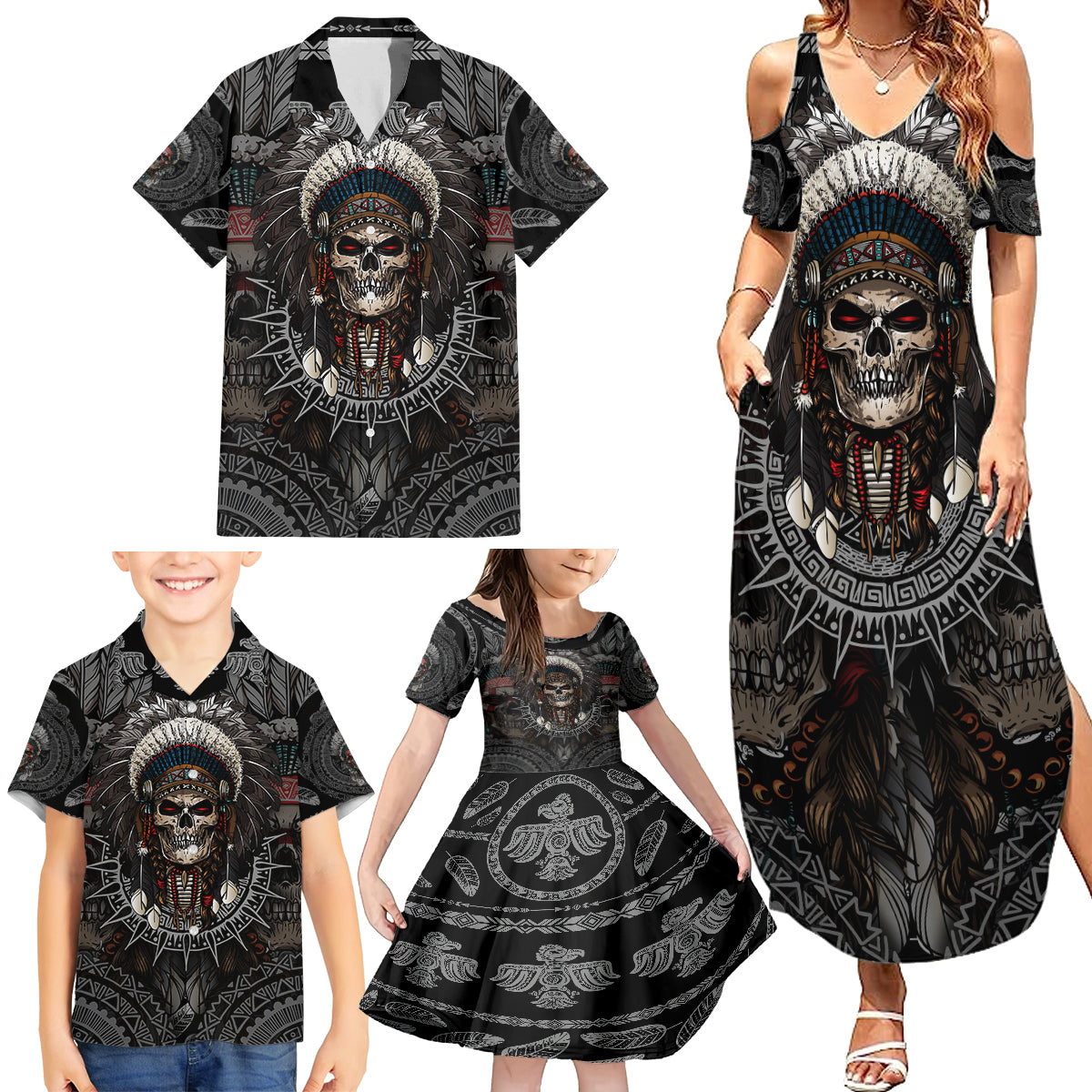 Skull Native American Warrior Family Matching Summer Maxi Dress and Hawaiian Shirt - Wonder Print Shop