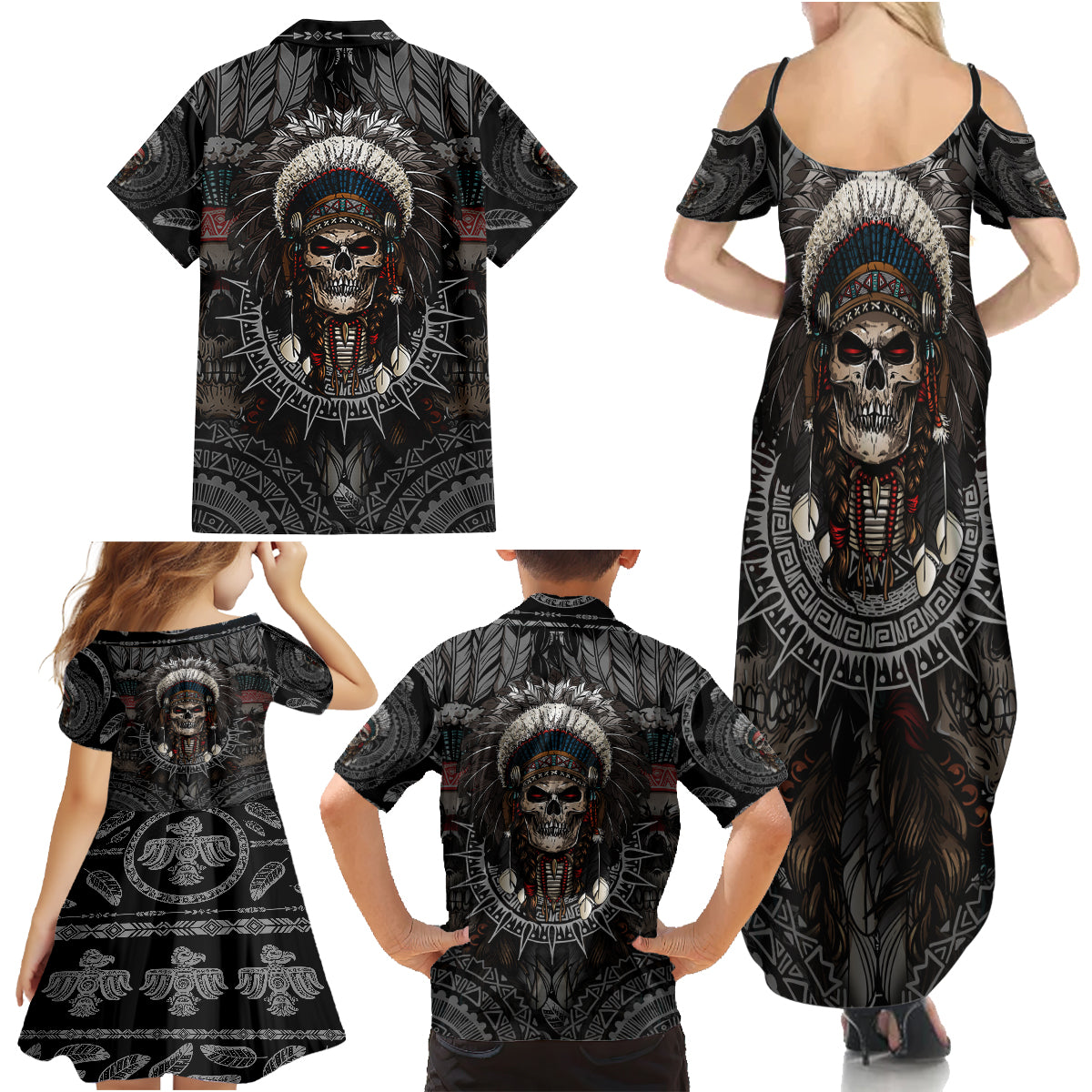 Skull Native American Warrior Family Matching Summer Maxi Dress and Hawaiian Shirt - Wonder Print Shop
