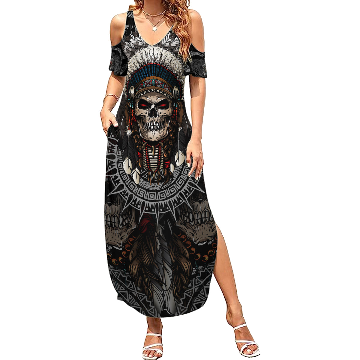 Skull Native American Warrior Family Matching Summer Maxi Dress and Hawaiian Shirt - Wonder Print Shop