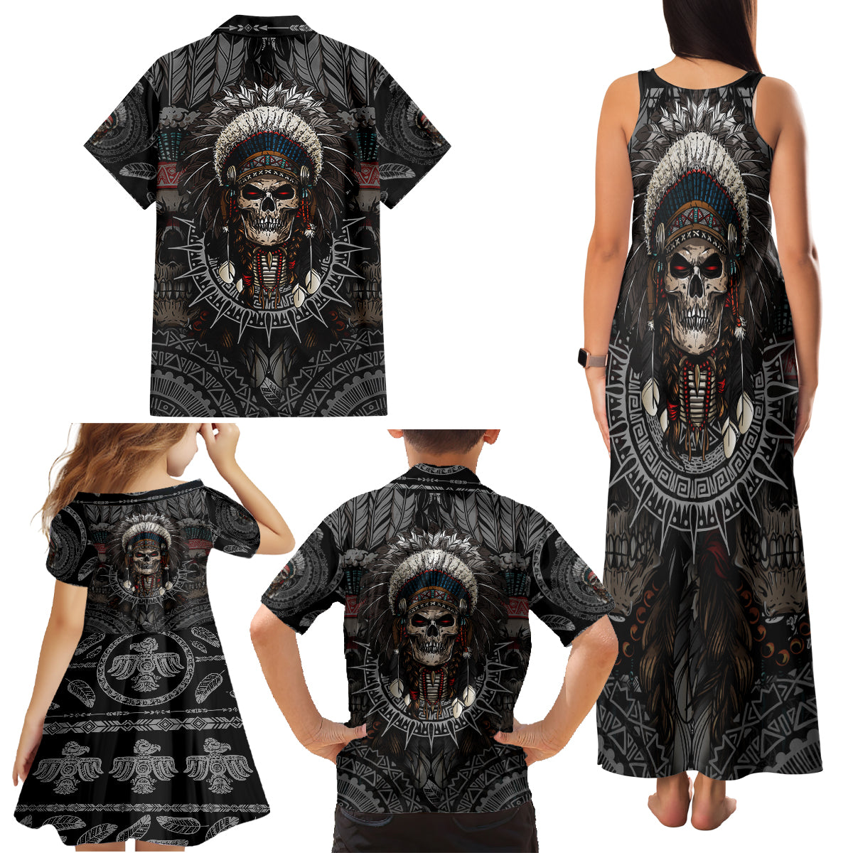 Skull Native American Warrior Family Matching Tank Maxi Dress and Hawaiian Shirt - Wonder Print Shop