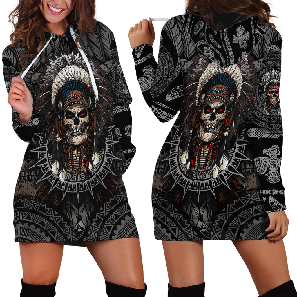 Skull Native American Warrior Hoodie Dress - Wonder Print Shop