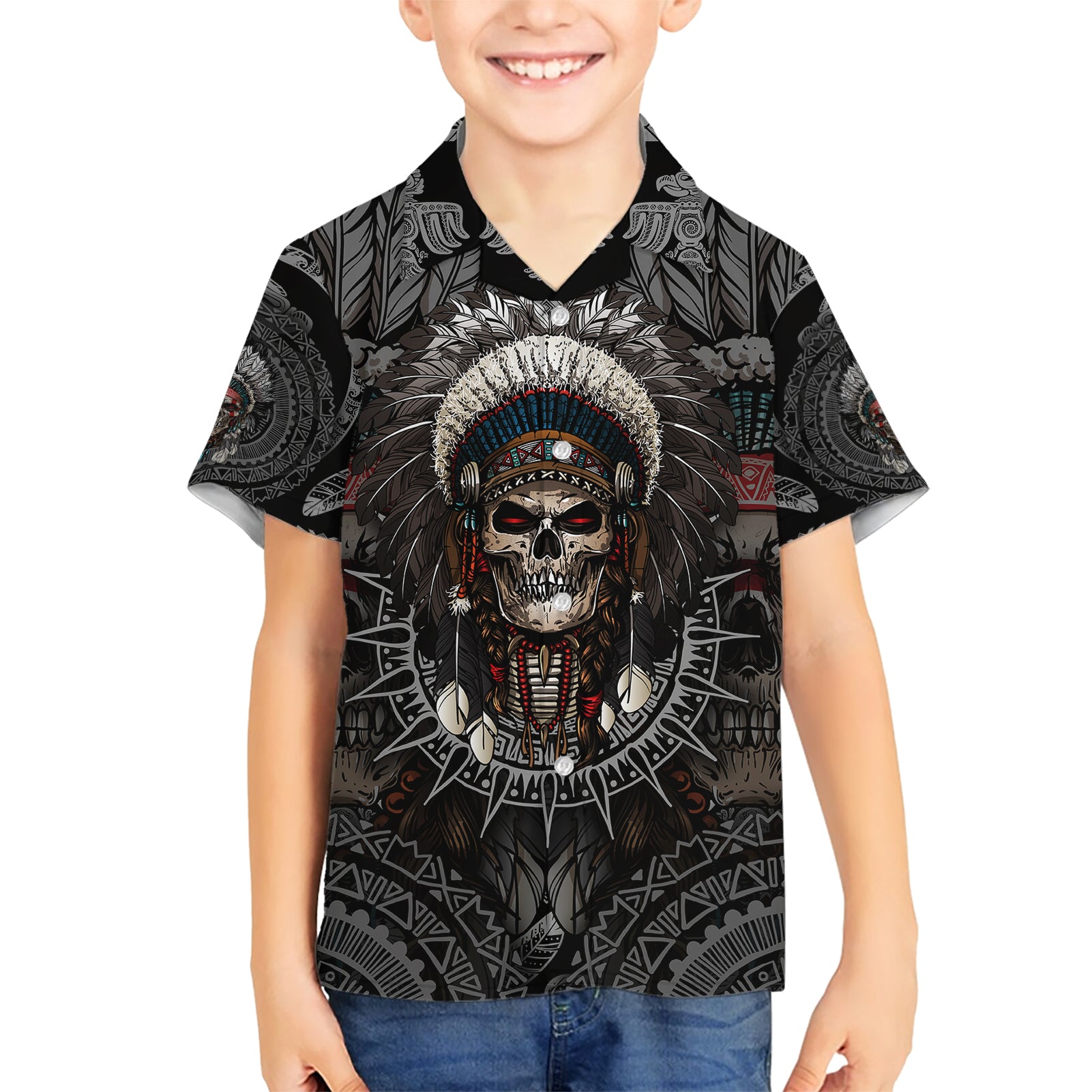Skull Native American Warrior Kid Hawaiian Shirt - Wonder Print Shop
