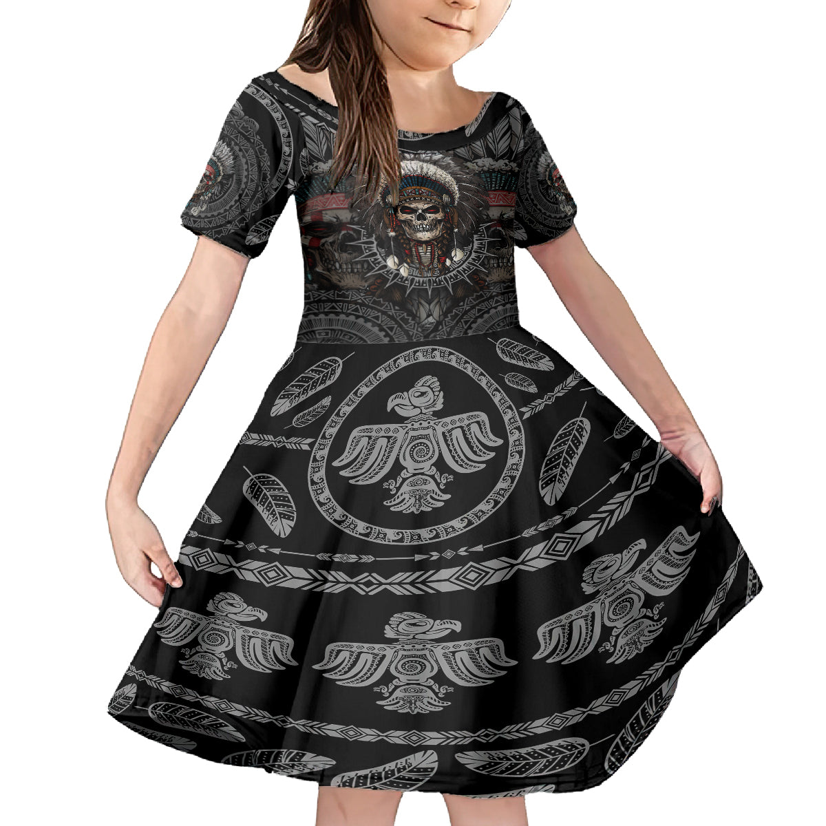 skull-native-american-warrior-kid-short-sleeve-dress