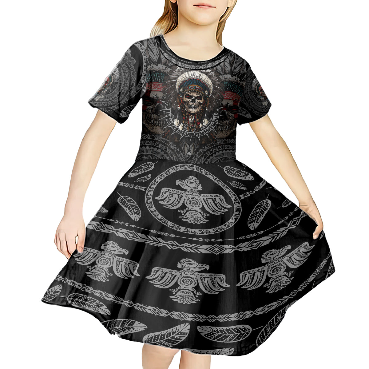 Skull Native American Warrior Kid Short Sleeve Dress - Wonder Print Shop