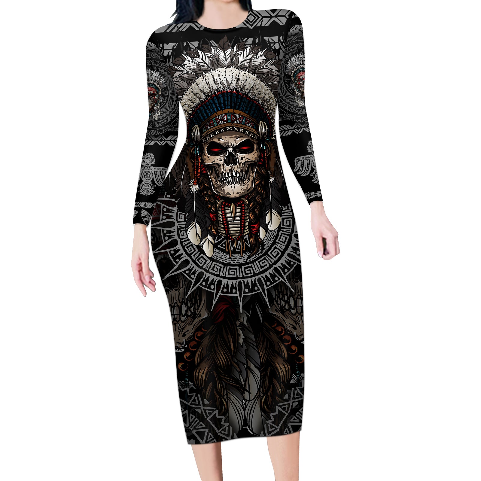 skull-native-american-warrior-long-sleeve-bodycon-dress
