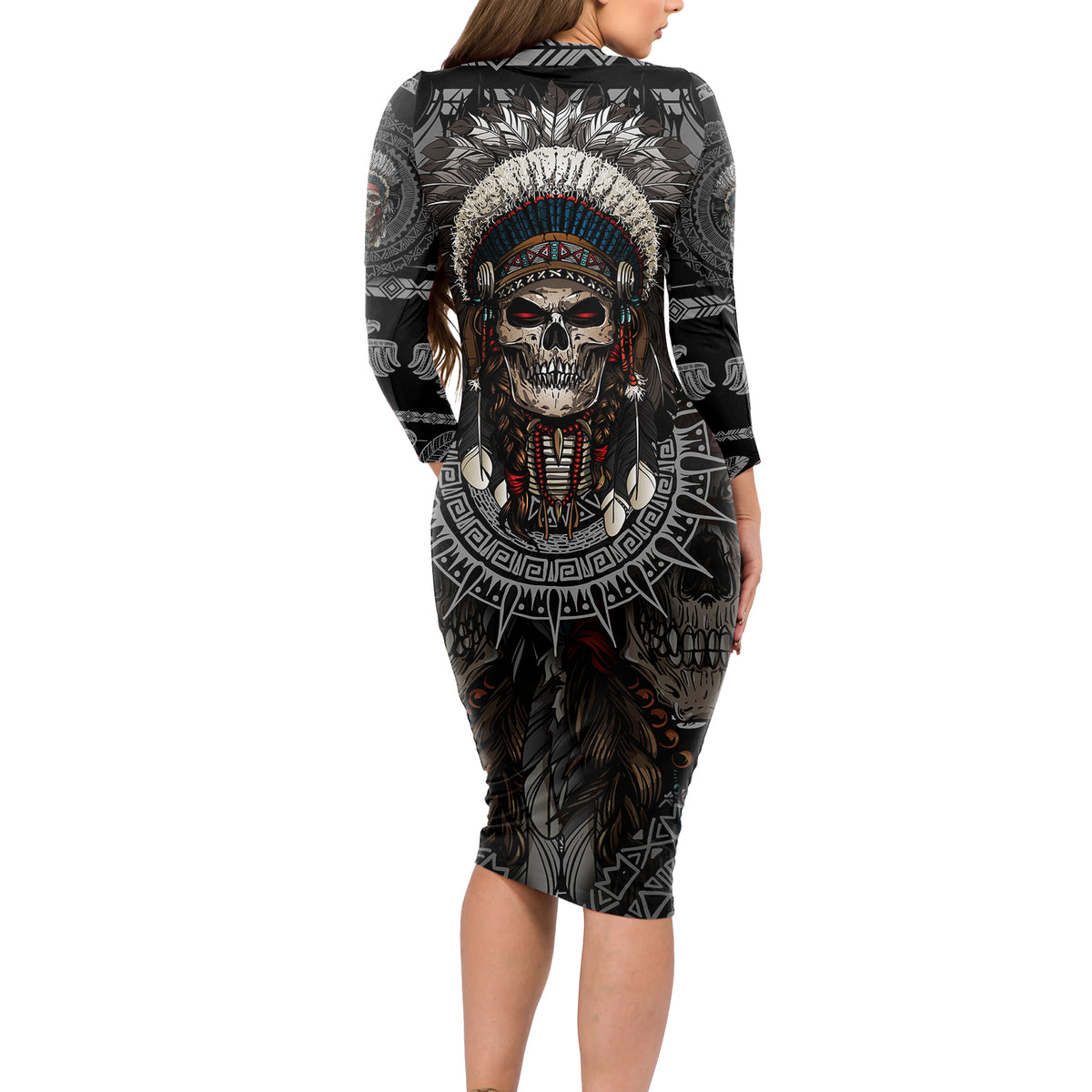 Skull Native American Warrior Long Sleeve Bodycon Dress - Wonder Print Shop