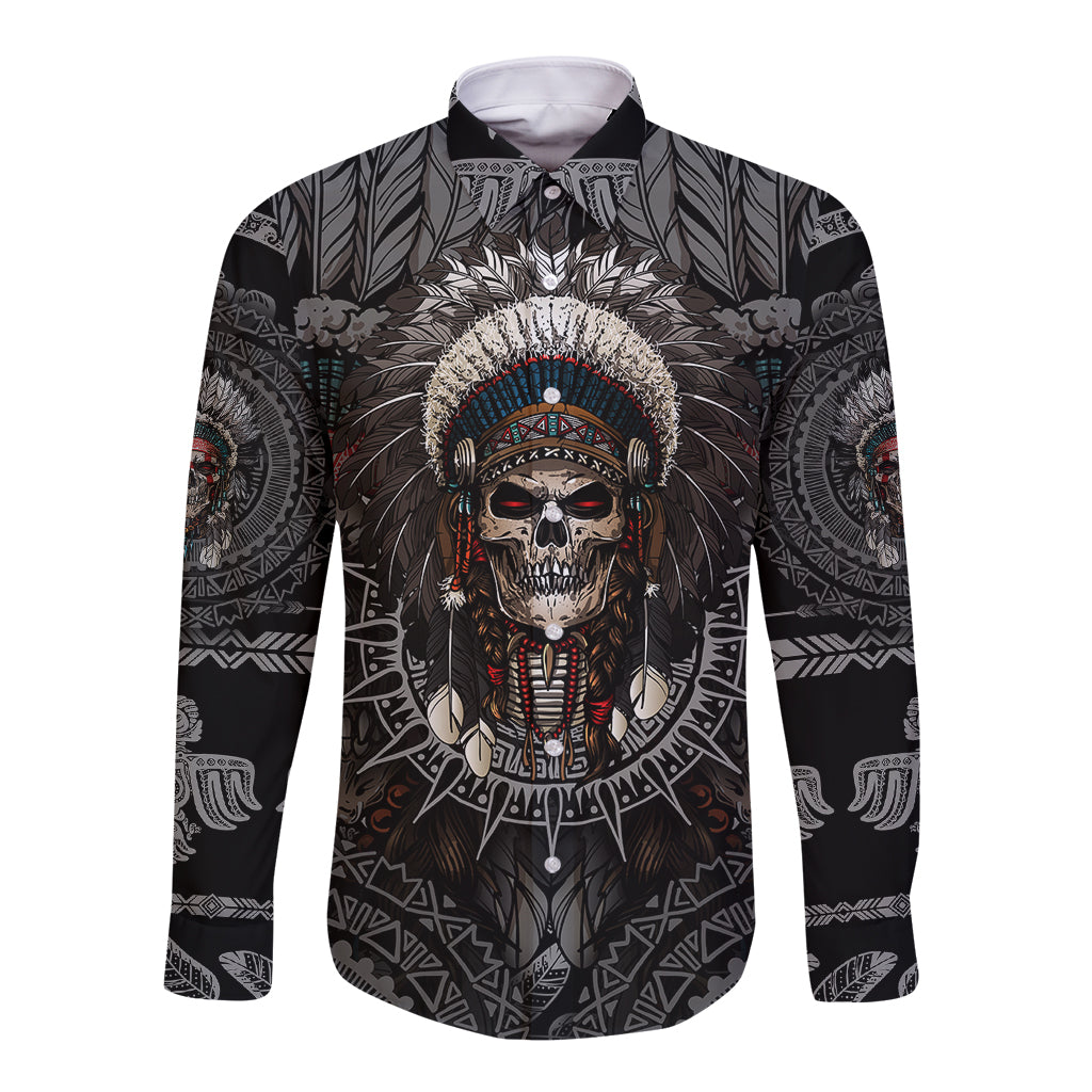 Skull Native American Warrior Long Sleeve Button Shirt - Wonder Print Shop
