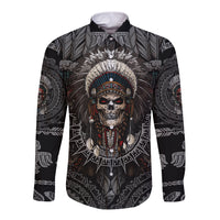 Skull Native American Warrior Long Sleeve Button Shirt - Wonder Print Shop