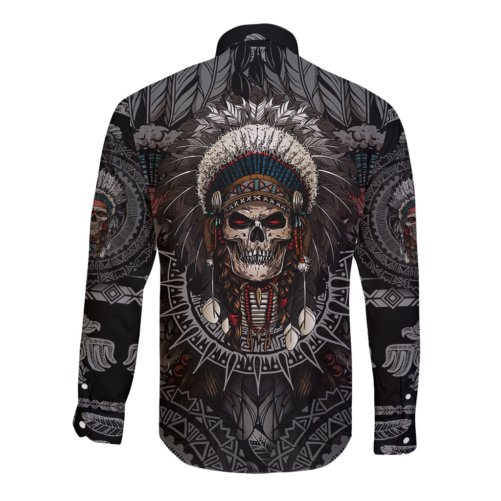 Skull Native American Warrior Long Sleeve Button Shirt - Wonder Print Shop