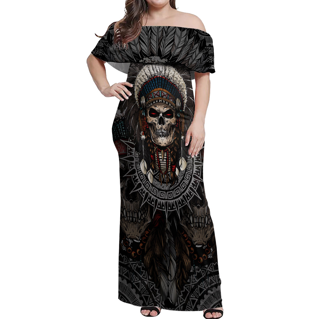 Skull Native American Warrior Off Shoulder Maxi Dress - Wonder Print Shop