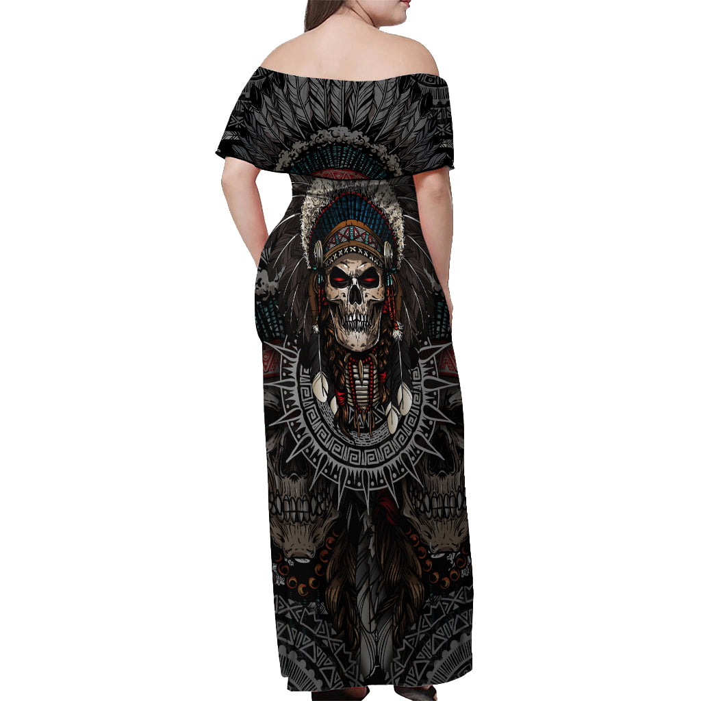 Skull Native American Warrior Off Shoulder Maxi Dress - Wonder Print Shop