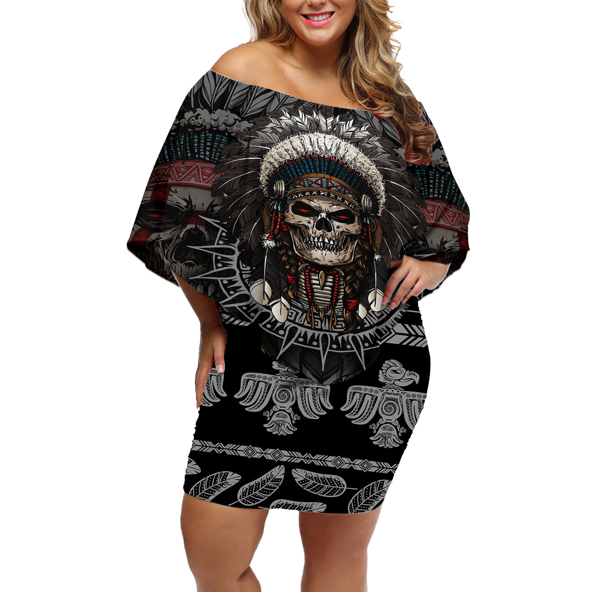 Skull Native American Warrior Off Shoulder Short Dress - Wonder Print Shop