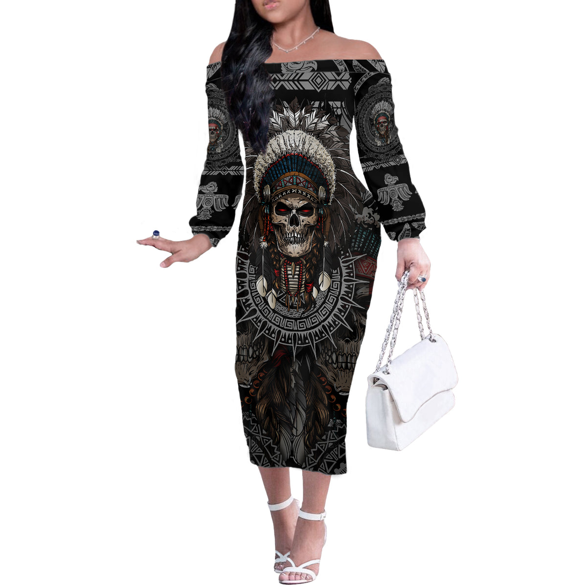 Skull Native American Warrior Off The Shoulder Long Sleeve Dress - Wonder Print Shop