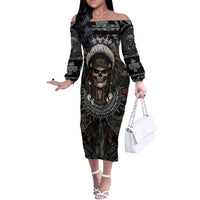 Skull Native American Warrior Off The Shoulder Long Sleeve Dress - Wonder Print Shop
