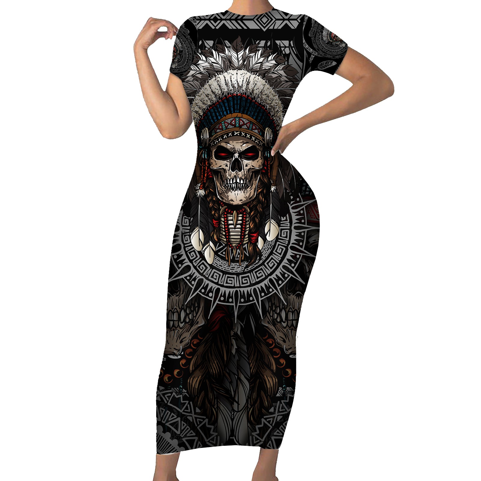 skull-native-american-warrior-short-sleeve-bodycon-dress