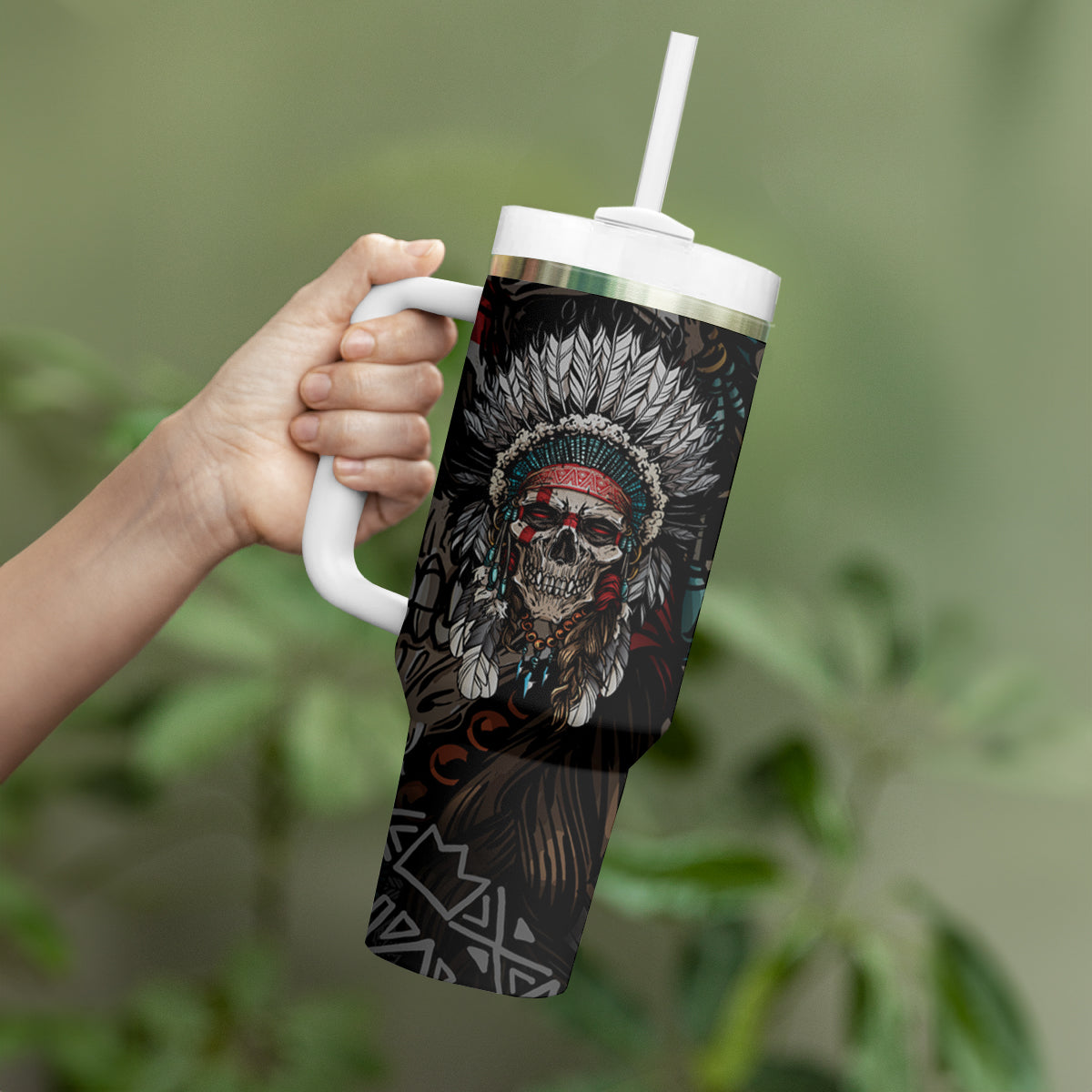 Skull Native American Warrior Tumbler With Handle - Wonder Print Shop