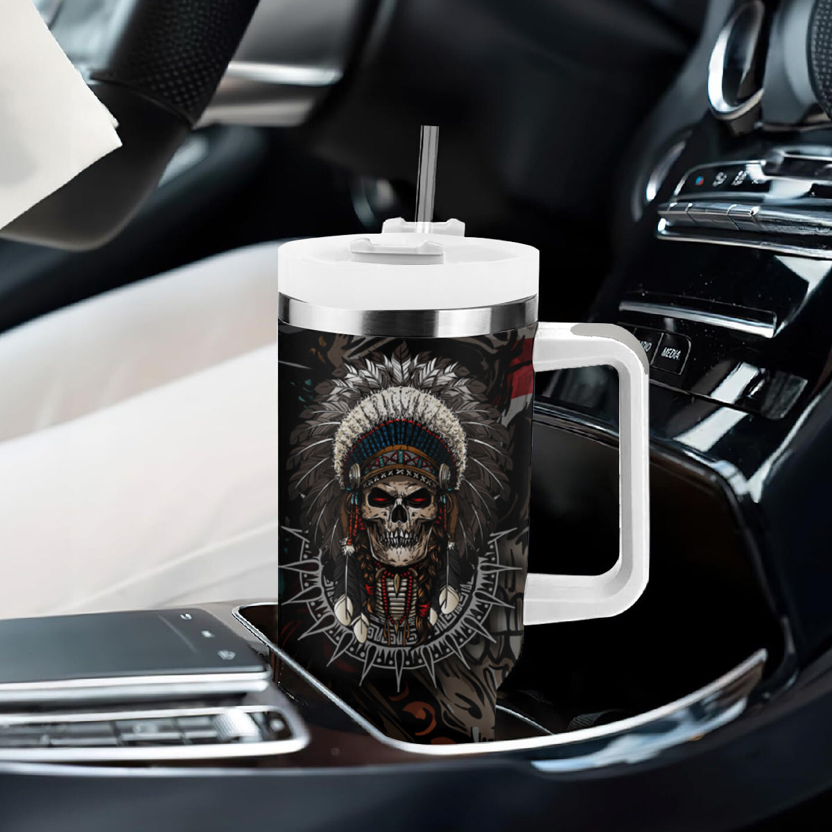 Skull Native American Warrior Tumbler With Handle - Wonder Print Shop