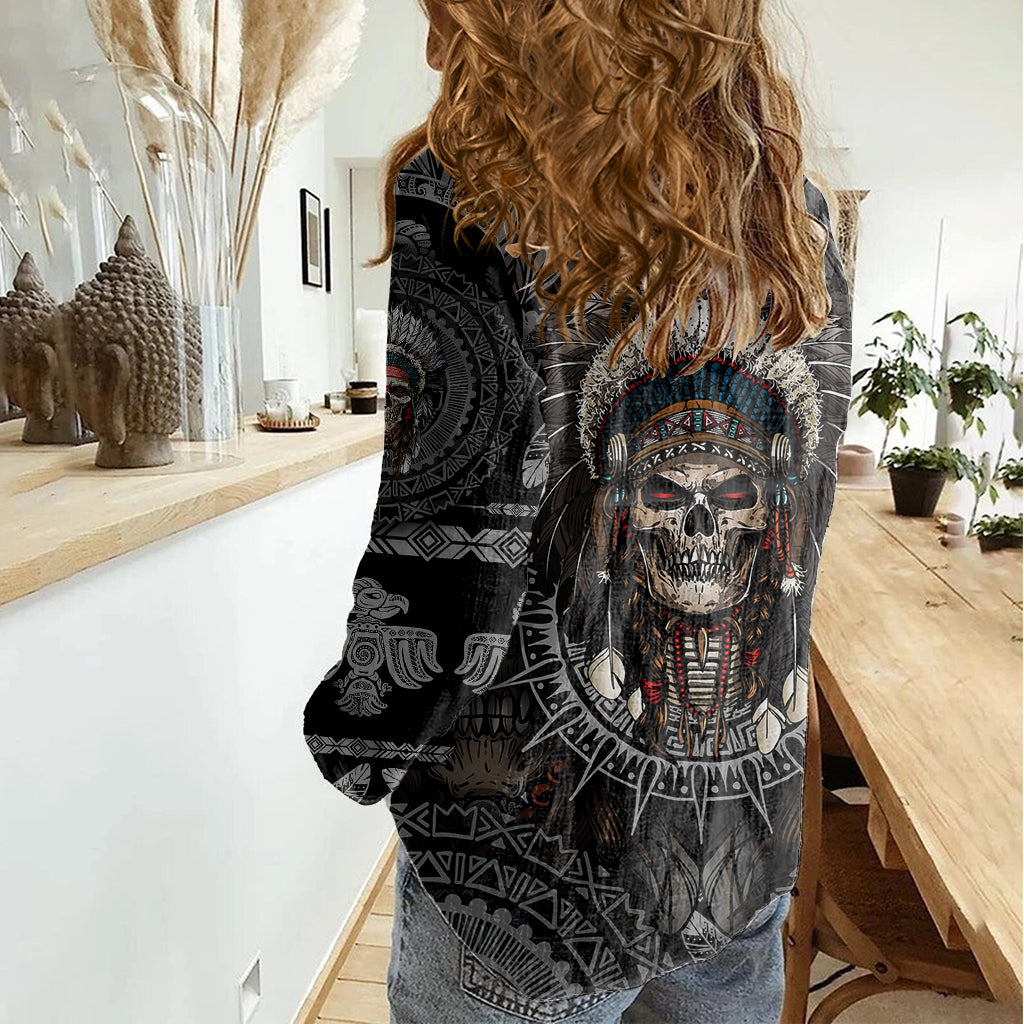 Skull Native American Warrior Women Casual Shirt - Wonder Print Shop