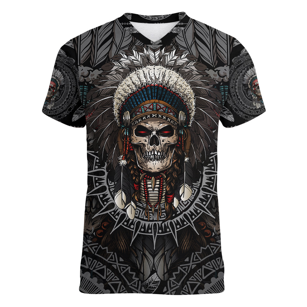 Skull Native American Warrior Women V Neck T Shirt - Wonder Print Shop