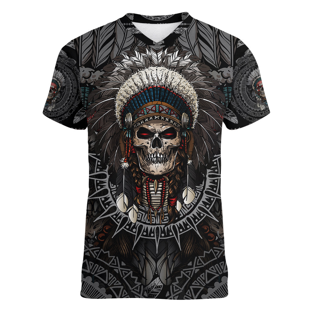 skull-native-american-warrior-women-v-neck-t-shirt