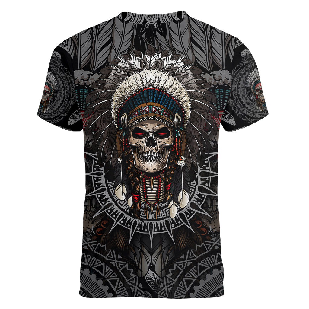 Skull Native American Warrior Women V Neck T Shirt - Wonder Print Shop