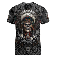 Skull Native American Warrior Women V Neck T Shirt - Wonder Print Shop