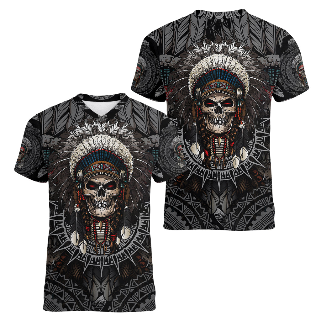 Skull Native American Warrior Women V Neck T Shirt - Wonder Print Shop