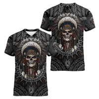 Skull Native American Warrior Women V Neck T Shirt - Wonder Print Shop
