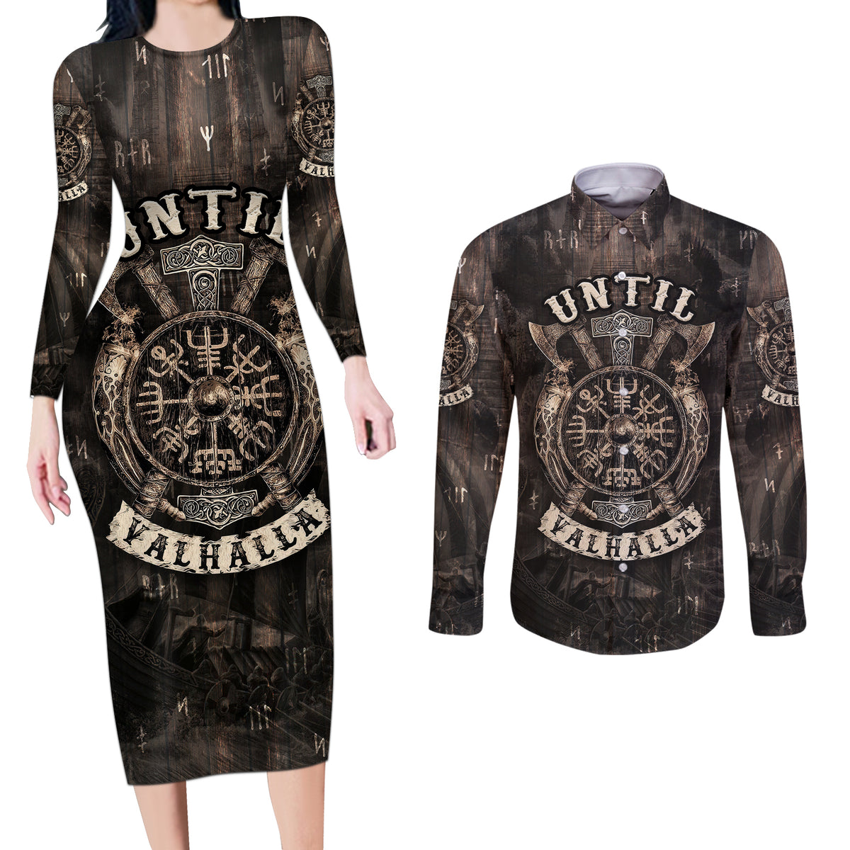 Until Valhalla Viking Couples Matching Long Sleeve Bodycon Dress and Long Sleeve Button Shirts - Wonder Print Shop