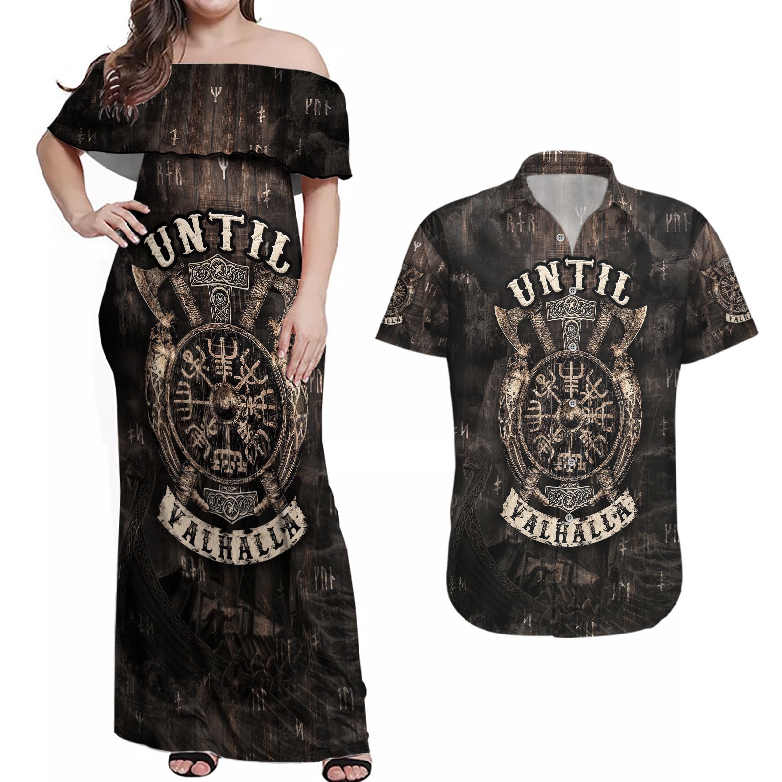 Until Valhalla Viking Couples Matching Off Shoulder Maxi Dress and Hawaiian Shirt - Wonder Print Shop