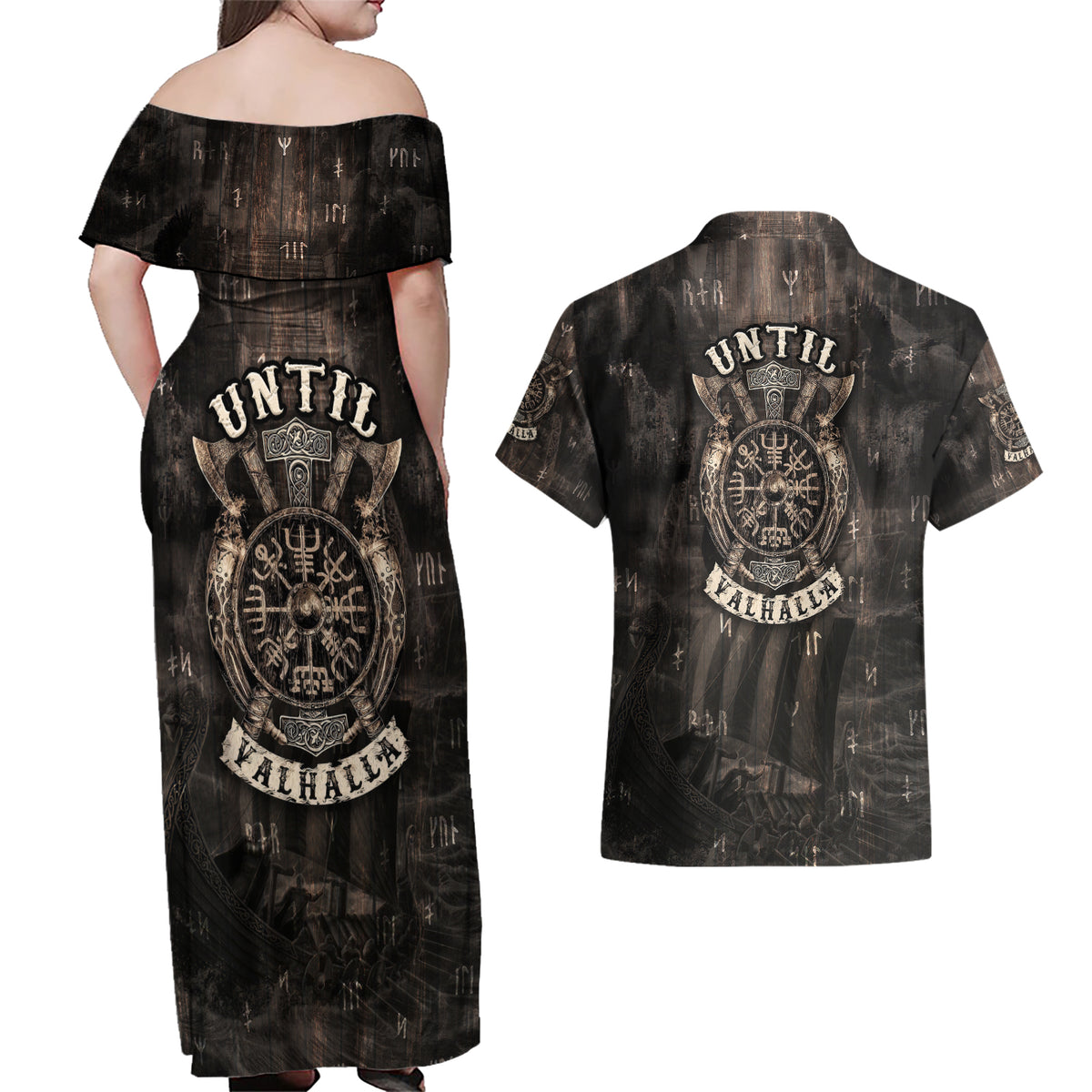 Until Valhalla Viking Couples Matching Off Shoulder Maxi Dress and Hawaiian Shirt - Wonder Print Shop