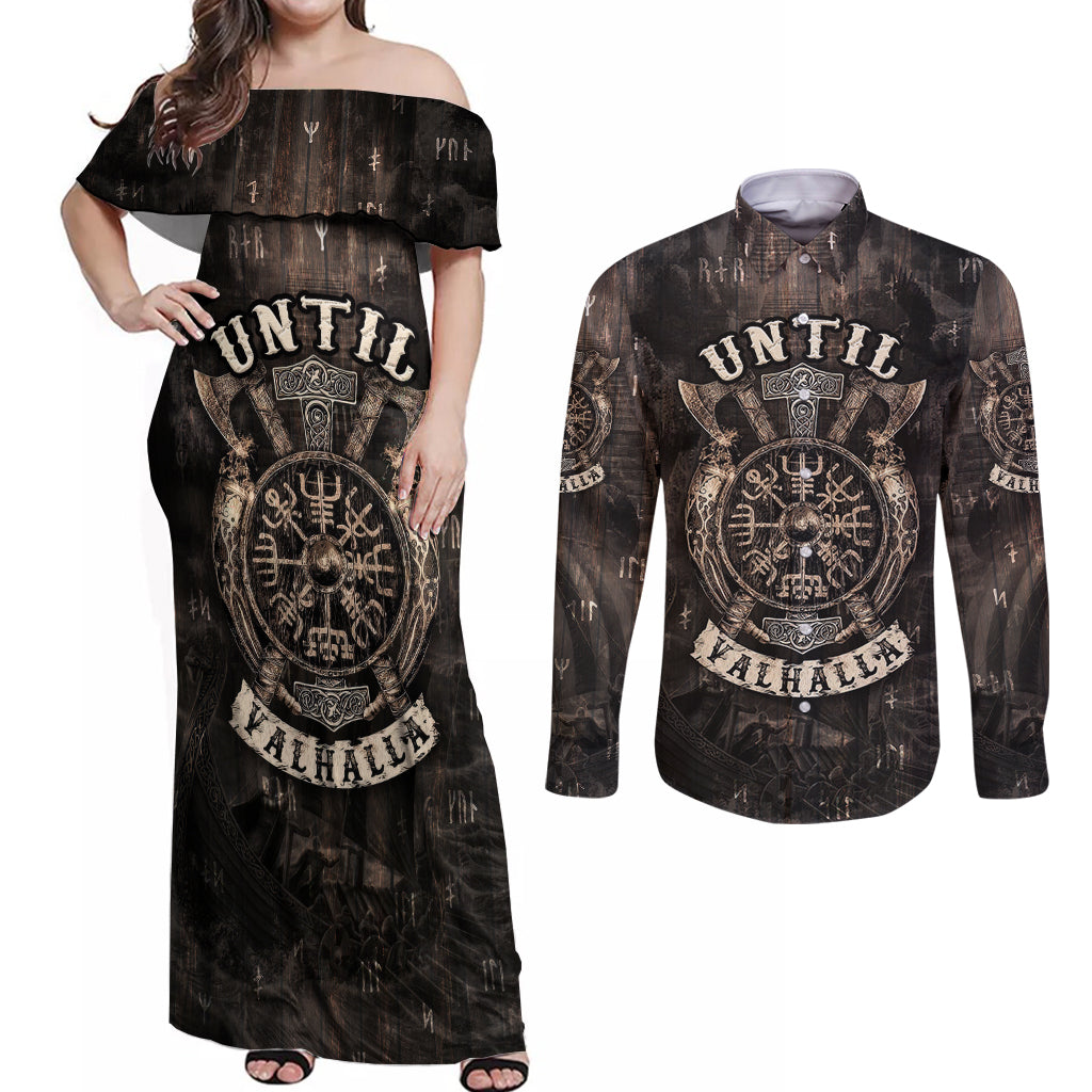 Until Valhalla Viking Couples Matching Off Shoulder Maxi Dress and Long Sleeve Button Shirts - Wonder Print Shop