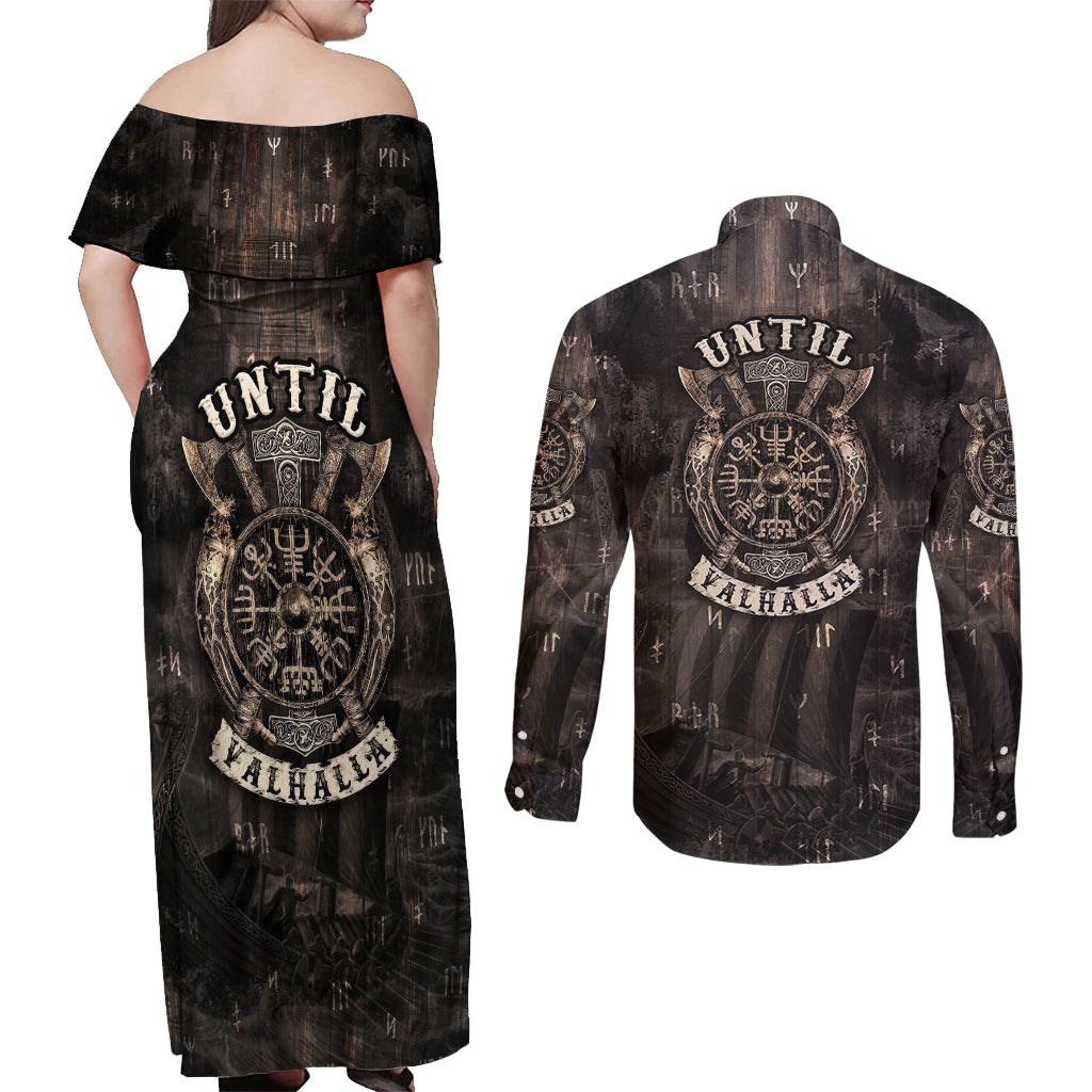 Until Valhalla Viking Couples Matching Off Shoulder Maxi Dress and Long Sleeve Button Shirts - Wonder Print Shop