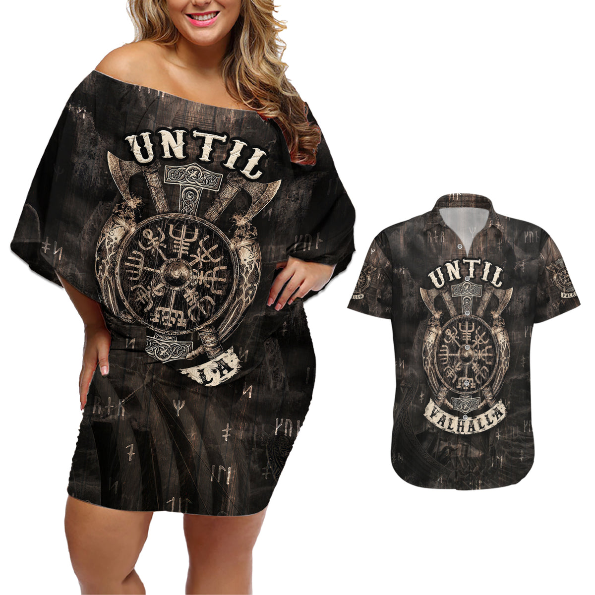 Until Valhalla Viking Couples Matching Off Shoulder Short Dress and Hawaiian Shirt - Wonder Print Shop