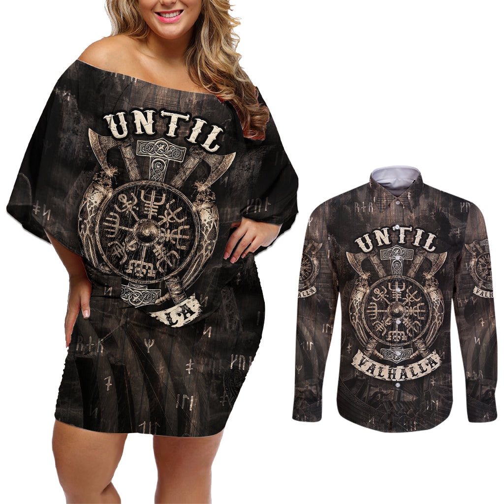 Until Valhalla Viking Couples Matching Off Shoulder Short Dress and Long Sleeve Button Shirts - Wonder Print Shop