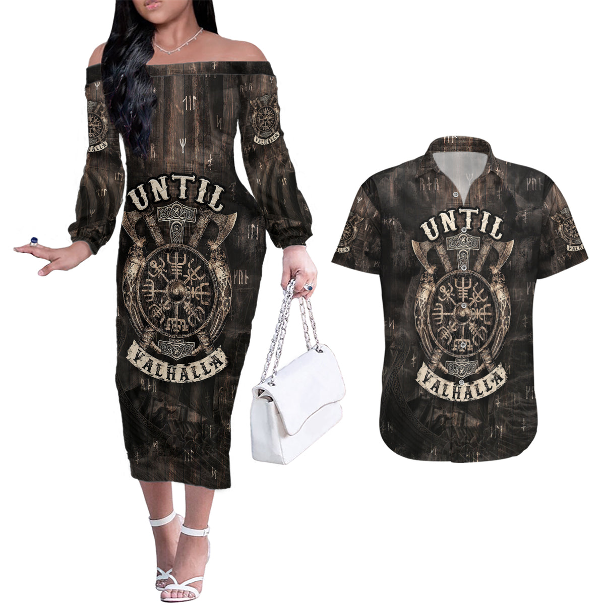 Until Valhalla Viking Couples Matching Off The Shoulder Long Sleeve Dress and Hawaiian Shirt - Wonder Print Shop