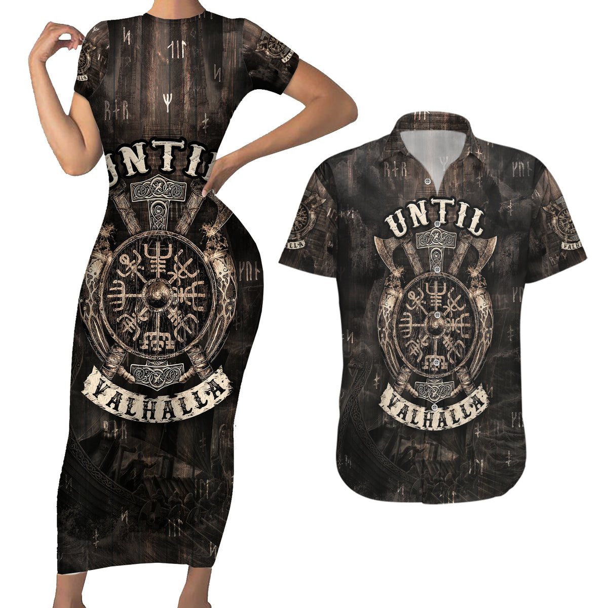 Until Valhalla Viking Couples Matching Short Sleeve Bodycon Dress and Hawaiian Shirt - Wonder Print Shop