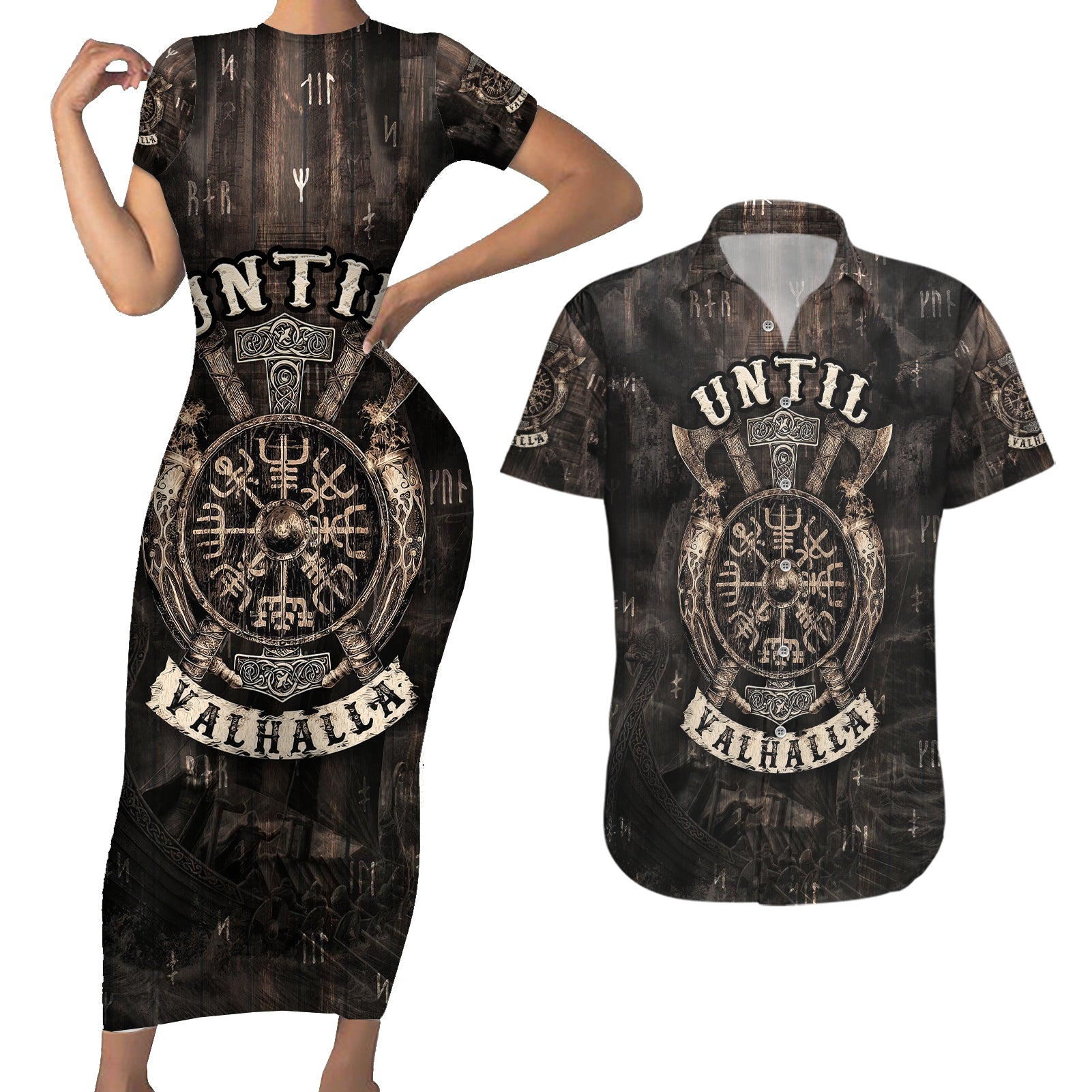 Until Valhalla Viking Couples Matching Short Sleeve Bodycon Dress and Hawaiian Shirt - Wonder Print Shop