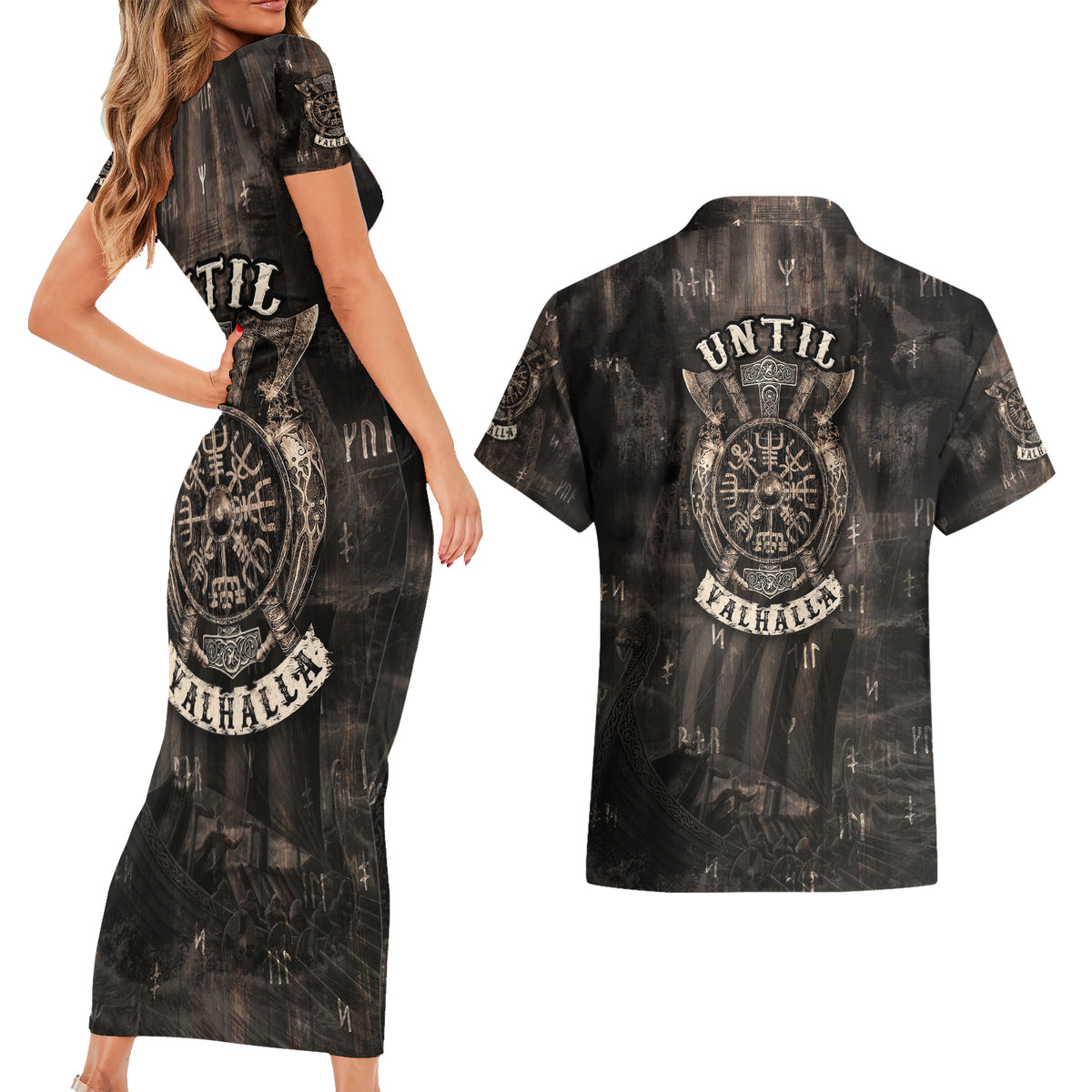 Until Valhalla Viking Couples Matching Short Sleeve Bodycon Dress and Hawaiian Shirt - Wonder Print Shop