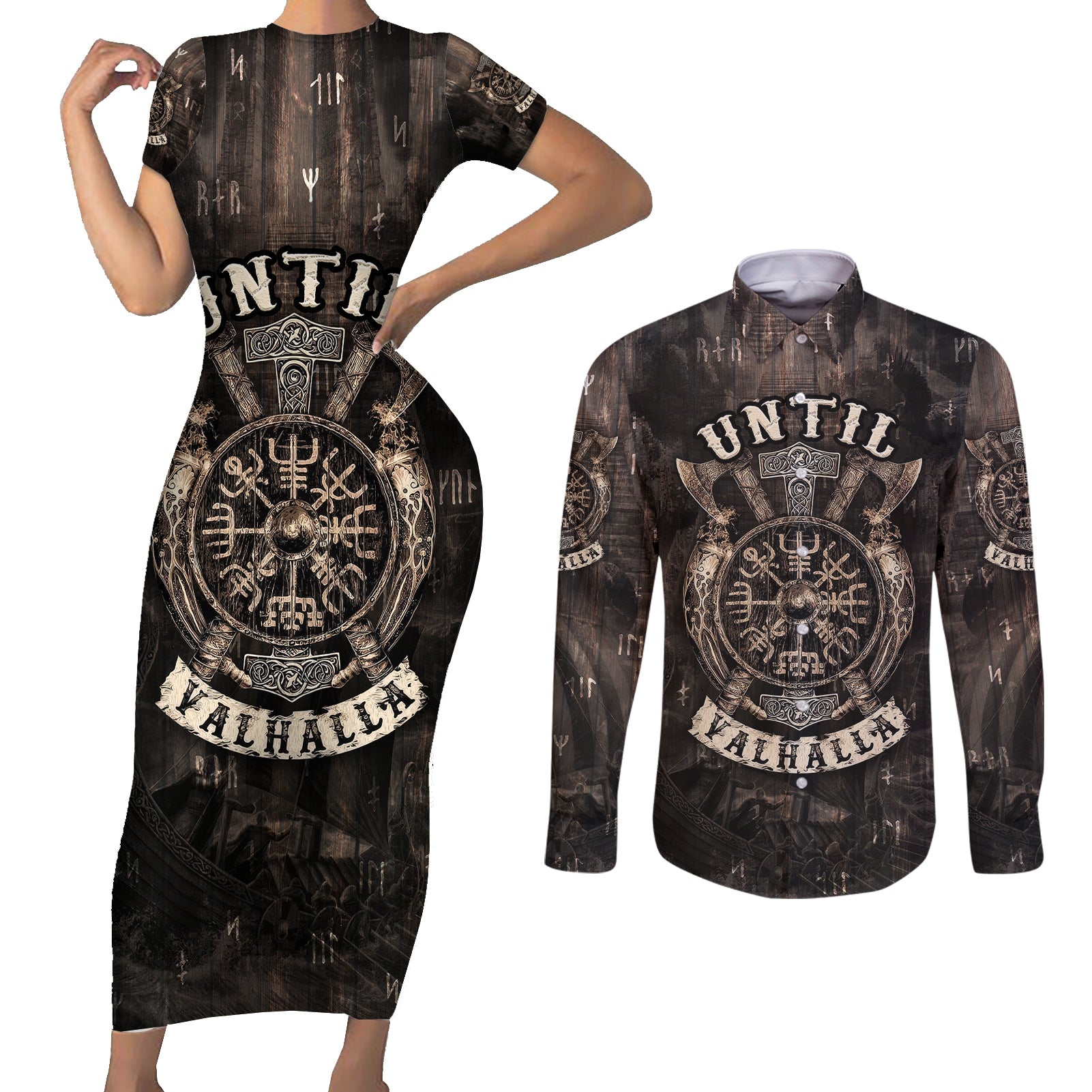 Until Valhalla Viking Couples Matching Short Sleeve Bodycon Dress and Long Sleeve Button Shirts - Wonder Print Shop