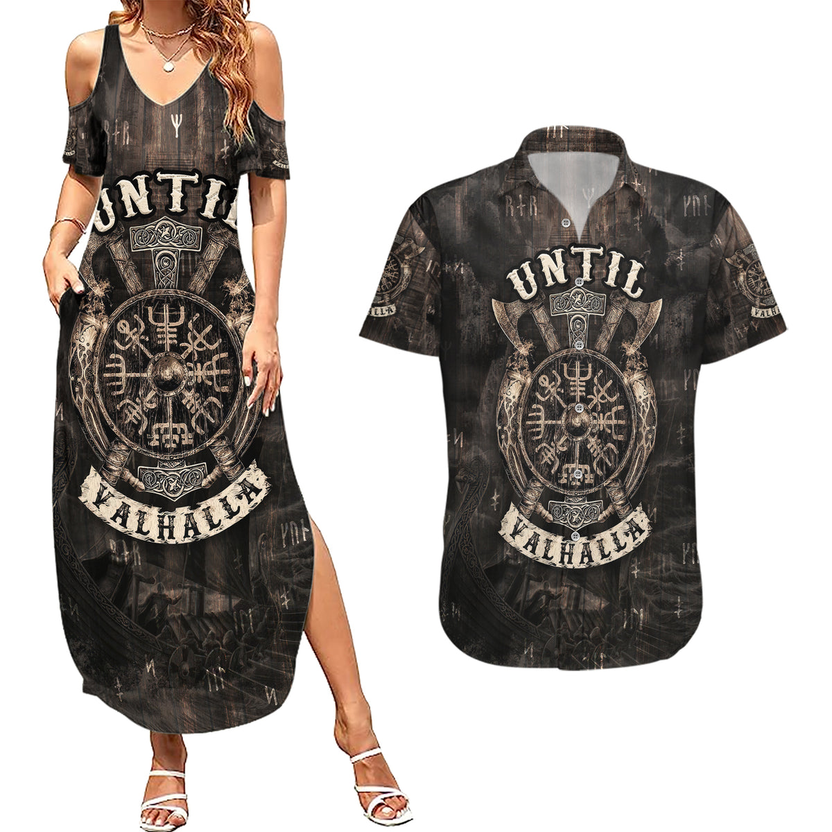 Until Valhalla Viking Couples Matching Summer Maxi Dress and Hawaiian Shirt - Wonder Print Shop