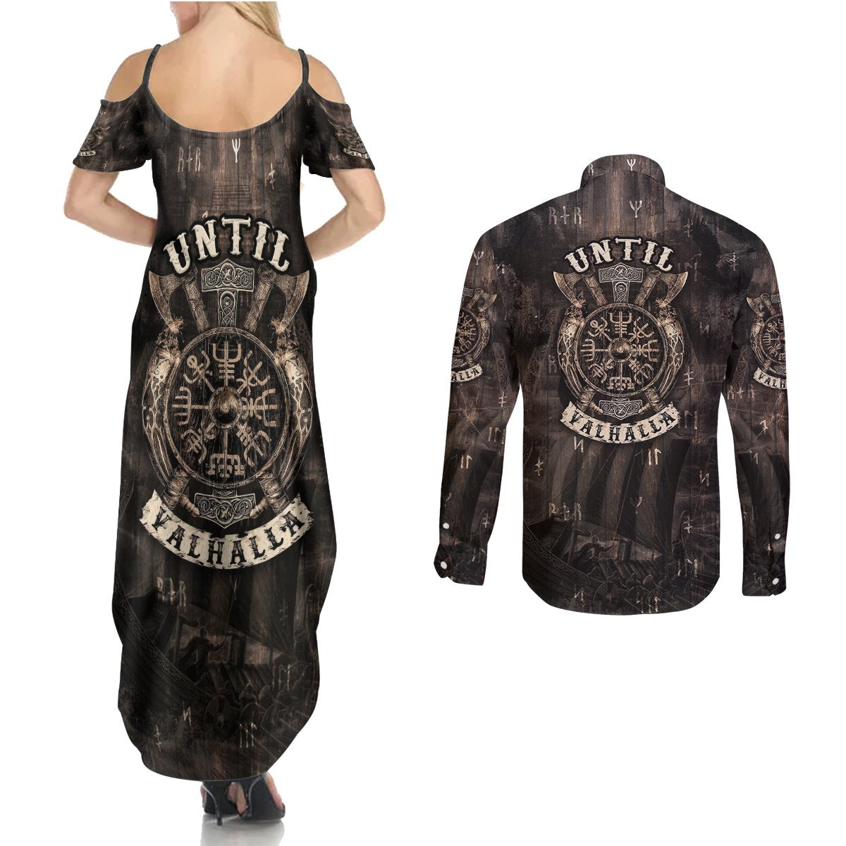 Until Valhalla Viking Couples Matching Summer Maxi Dress and Long Sleeve Button Shirts - Wonder Print Shop