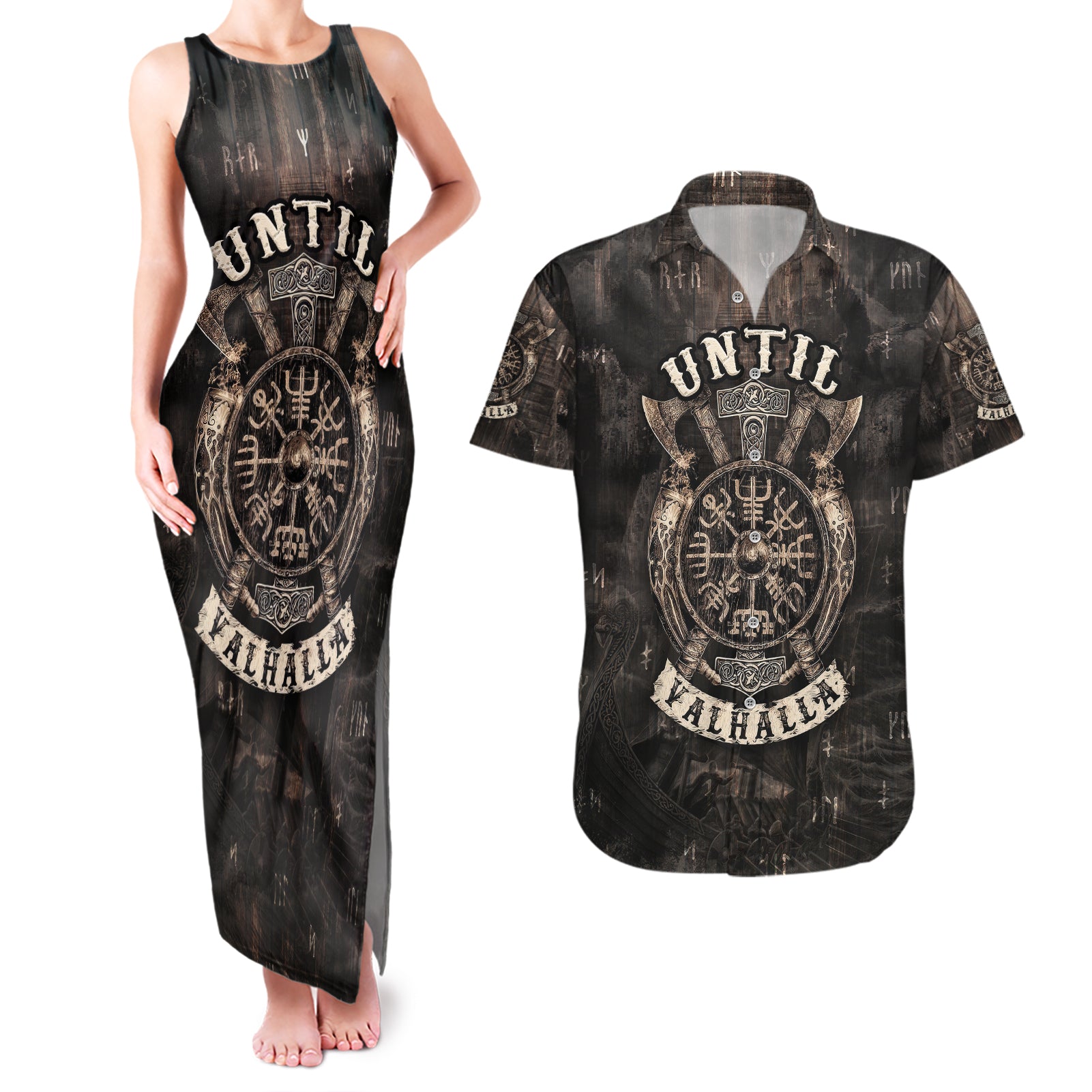 Until Valhalla Viking Couples Matching Tank Maxi Dress and Hawaiian Shirt - Wonder Print Shop