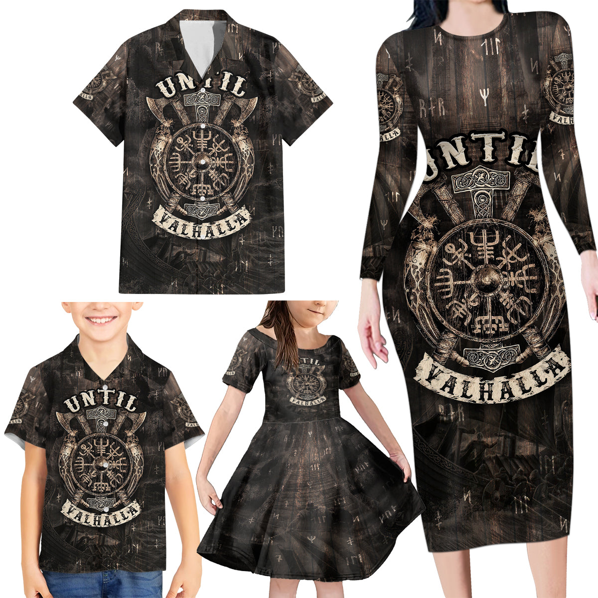 Until Valhalla Viking Family Matching Long Sleeve Bodycon Dress and Hawaiian Shirt - Wonder Print Shop