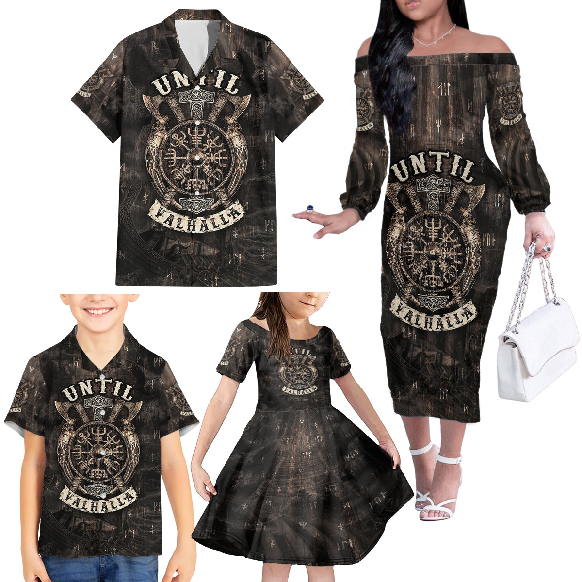 Until Valhalla Viking Family Matching Off Shoulder Long Sleeve Dress and Hawaiian Shirt - Wonder Print Shop
