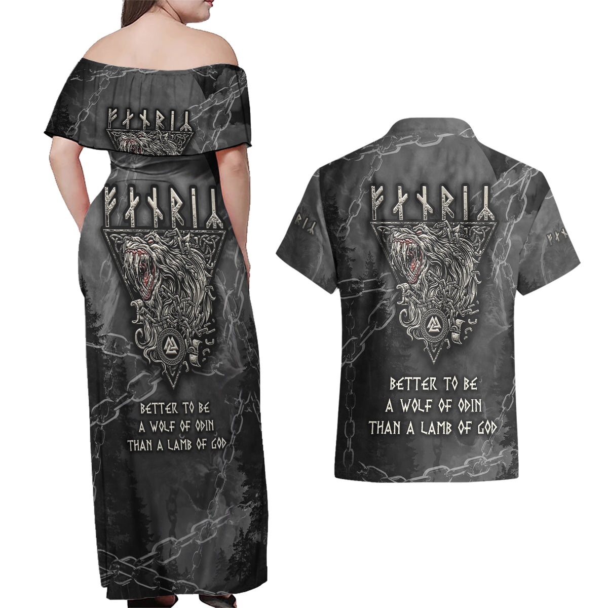 Fenir Viking Couples Matching Off Shoulder Maxi Dress and Hawaiian Shirt Better to be a Wolf of Odin - Wonder Print Shop