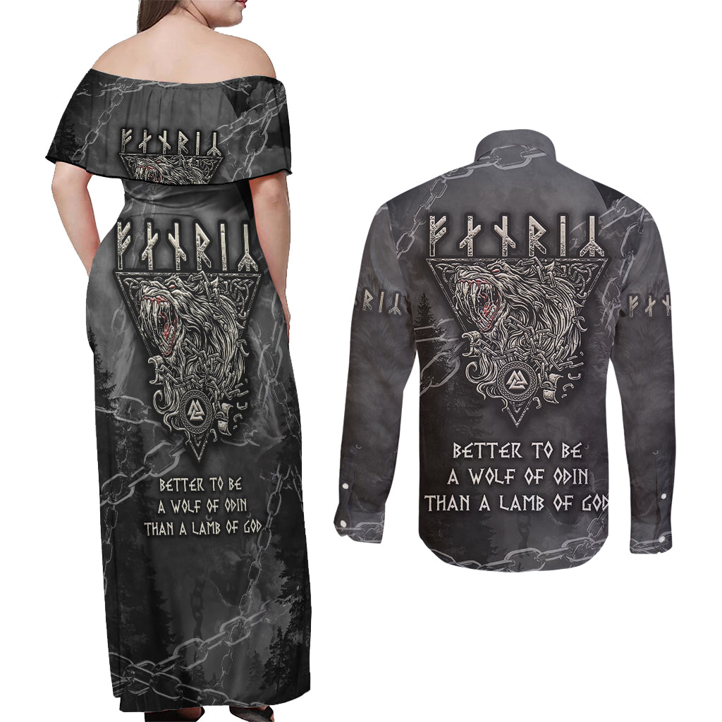 Fenir Viking Couples Matching Off Shoulder Maxi Dress and Long Sleeve Button Shirts Better to be a Wolf of Odin - Wonder Print Shop