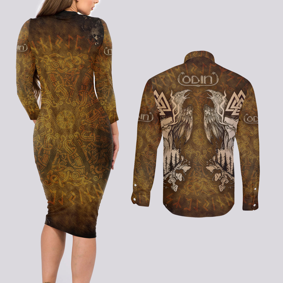 Odin Viking Couples Matching Long Sleeve Bodycon Dress and Long Sleeve Button Shirts Valknut, Ravens, and Enchanted Forest - Wonder Print Shop