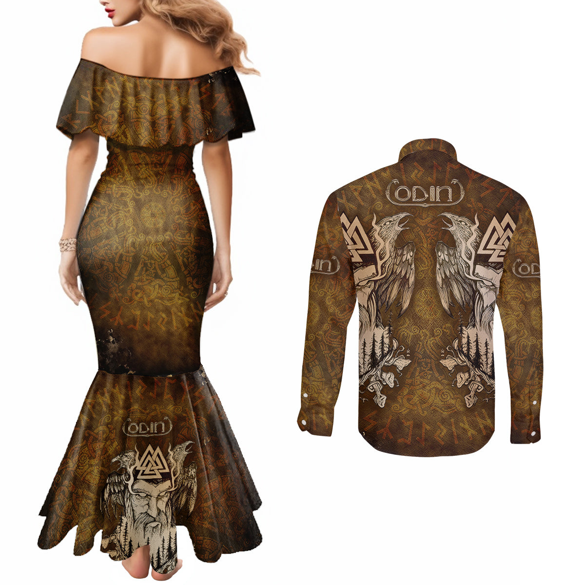 odin-viking-couples-matching-mermaid-dress-and-long-sleeve-button-shirts-valknut-ravens-and-enchanted-forest